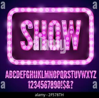 Rretro style neon lighting lamp letter, Violet Pink colors font set. Stock Vector