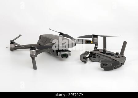 Riga, Latvia - 24 March 2021 : DJI Mavic 2 Pro with Hasselblad camera and remote controller isolated on white background, close-up Stock Photo