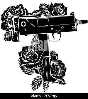 black silhouette of weapont Uzi with roses vector illustration Stock Vector