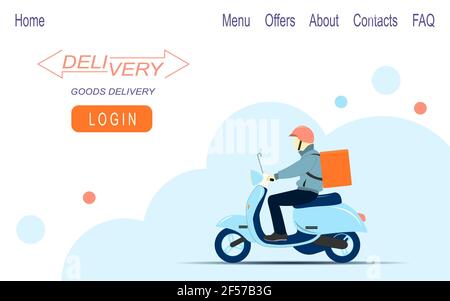 Daily food delivery on a scooter. Web banner design. Vector flat illustration. Stock Vector