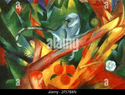 Franz Marc artwork entitled The Monkey. A monkey in a colourful tree-scape. Stock Photo