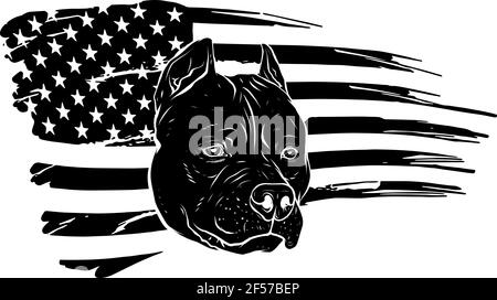 black silhouette of Head pitbull with american flag vector illustration Stock Vector