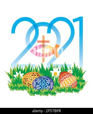 Happy Easter 2021 with christian fish. Year 2021 with Jesus fish symbol and easter eggs on a meadow.Vector available. Stock Vector