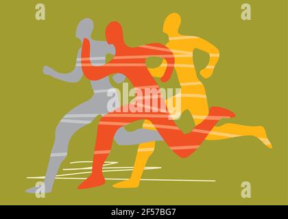 Fitness running , joggers, line art stylized. Stylized expressive Illustration with three runners stylized silhouettes. Vector available. Stock Vector