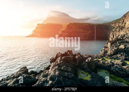 Mulafossur waterfall in Gasadalur, Vagar Island of the Faroe Islands. Stock Photo