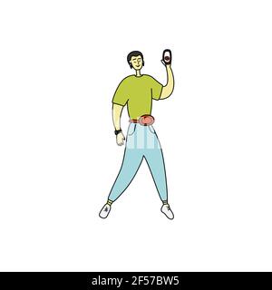 Asian man walks and shoots video for blog. Blogger is streaming, recording vlog. Male character holding phone in hand and smiling at camera. Young guy Stock Vector
