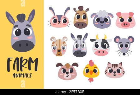 Cartoon Animal heads collection. Cute farm animal heads. Perfect for avatars, print designs and children activities. Vector illustration. Stock Vector