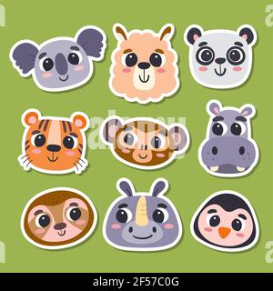Animal stickers in cartoon style. Collection of cute wild animal heads. Vector illustration. Stock Vector
