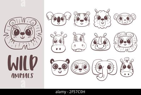 Animal doodle collection. Hand drawn wild animal heads. Perfect for coloring books, avatar designs and children activities. Vector illustration. Stock Vector
