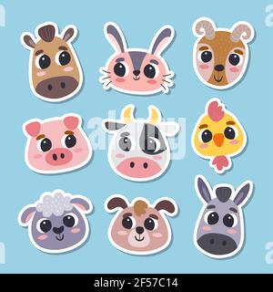 Animal stickers in cartoon style. Collection of cute farm animal heads. Vector illustration. Stock Vector