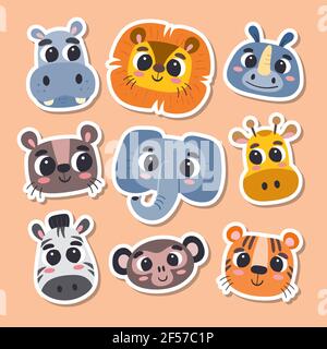 Animal stickers in cartoon style. Collection of cute wild animal heads. Vector illustration. Stock Vector