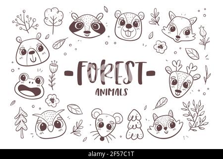 Animal doodle background. Forest animal heads with trees, plants and flowers. Perfect for coloring books and children activities. Vector illustration. Stock Vector