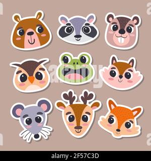 Animal stickers in cartoon style. Collection of cute forest animal heads. Vector illustration. Stock Vector