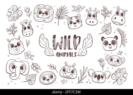 Animal doodle background. Wild animal heads with tropical plants and leaves. Perfect for coloring books and children activities. Vector illustration. Stock Vector