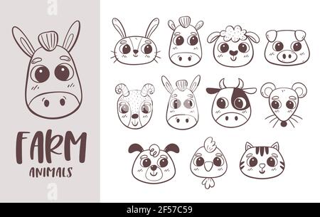 Animal doodle collection. Hand drawn farm animal heads. Perfect for coloring books, avatar designs and children activities. Vector illustration. Stock Vector