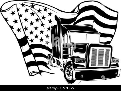 black silhouette of Classic American Truck. Vector illustration with american flag Stock Vector
