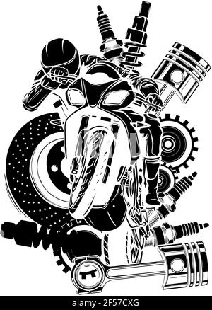 black silhouette of Vector illustration of motorbike with Spares design Stock Vector