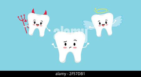 Cute tooth upset think and devil with angel on its shoulder. Stock Vector