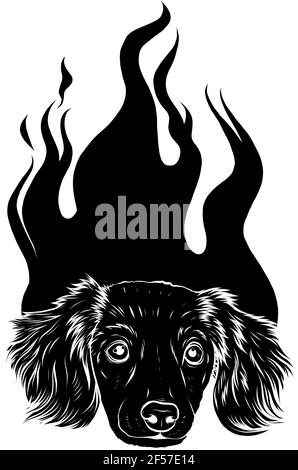 black silhouette of puppy Dog with Flame ornaments vector illustration Stock Vector