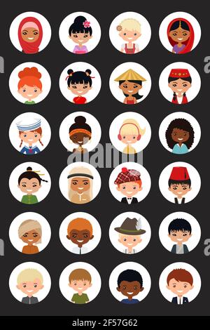 Icons set of users of men and women of different nationalities on white background. Cartoon flat style. Vector illustration. Stock Vector
