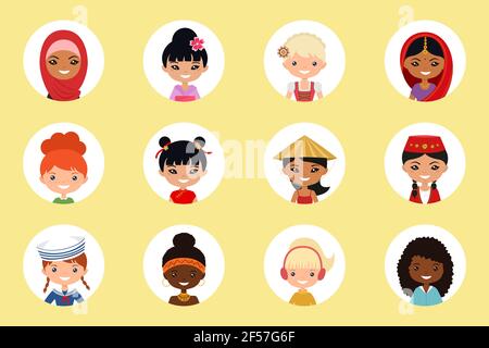 User icons of women of different nation on light background. Cartoon flat style. Vector illustration Stock Vector