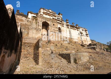 Taragarh fort in Bundi town, typical medieval fortress in Rajasthan, India Stock Photo