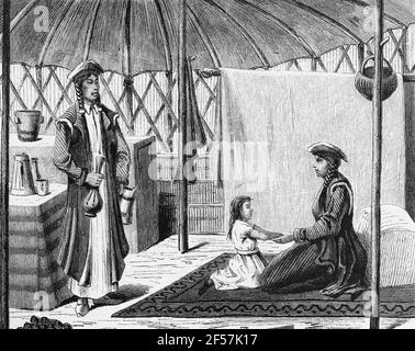 Kalmyk women at home in their tent, Kalmykia, Russia, Eastern Europe, wood engraving, Wien. Leipzig 1881 Stock Photo