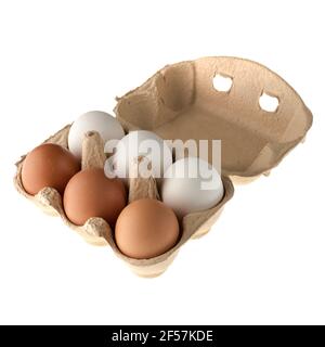 Chicken eggs in a paper disposable tray, in the amount of six pieces, on a white background in isolation Stock Photo