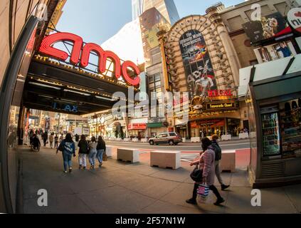 Closed Regal and open AMC Empire 25 Cinemas in Times Square in New York during the COVID-19 pandemic on Saturday, March 20, 2021. (© Richard B. Levine) Stock Photo