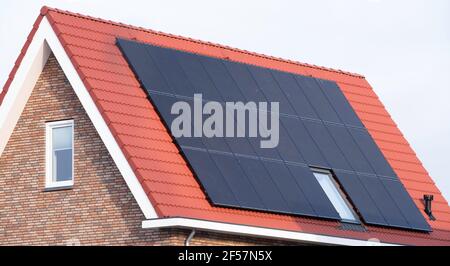 Solar panels mounted on the roof of a modern new-build house with red roof tiles in Lemmer, Friesland, the Netherlands with blue sky. Renewable energy Stock Photo