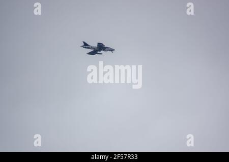 ZZ191 (ex G-HHAD, G-BWFS, J-4058) F.58 hawker hunter jet fighter in low level flight, grey sky Stock Photo