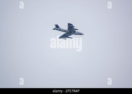 ZZ191 (ex G-HHAD, G-BWFS, J-4058) F.58 hawker hunter jet fighter in low level flight, grey sky Stock Photo