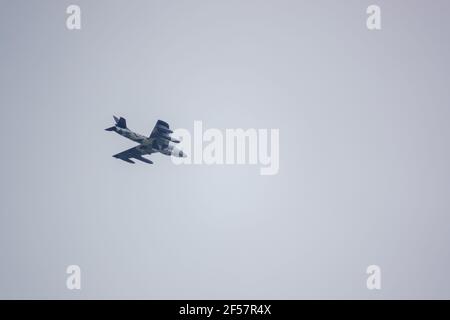 ZZ191 (ex G-HHAD, G-BWFS, J-4058) F.58 hawker hunter jet fighter in low level flight, grey sky Stock Photo