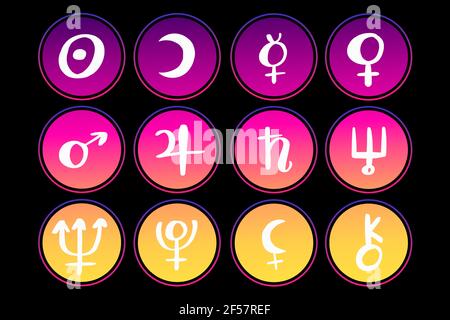 Astrology planets signs in Circles. Vector illustration.  Stock Vector