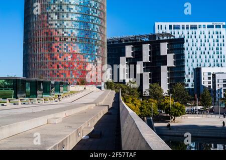 22 @ district in Barcelona, Design Museum and the Agbar Tower, Catalonia, Spain. Stock Photo