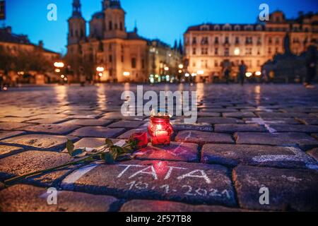 Place of reverence - Old Town Square Prague on March 24th 2021 Stock Photo
