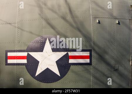 Symbol for the Allied Forces on the side of a vintage World War II navy fighter. Stock Photo