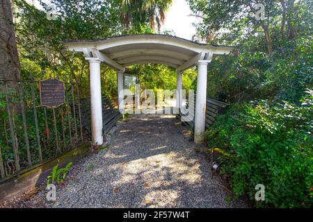 Charleston, South Carolina, USA - February 22, 2021: Entrance and plaque for the National Historical Landmark Magnolia Plantation. Stock Photo