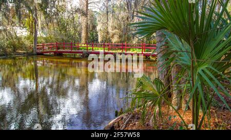 Coastal Carolina forest with red walking bridge at Magnolia Gardens in Charleston, South Carolina Stock Photo