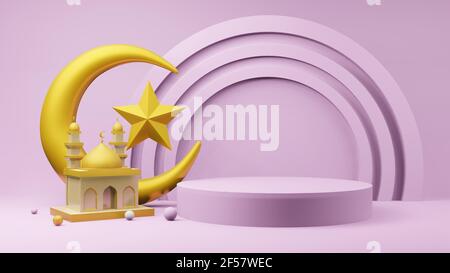 Crescent moon and stars golden with Mosque Islamic symbol 3D rendering ...
