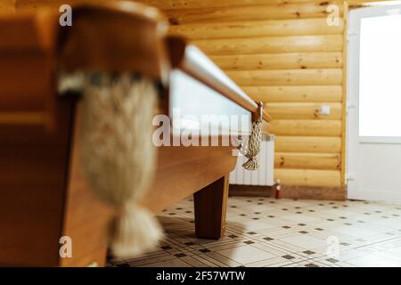 pool table in the sauna. recreation and sports entertainment sports entertainment during your vacation. wooden table with green cloth in a private hou Stock Photo