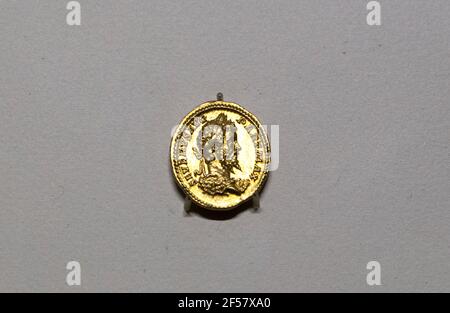 Madrid, Spain - March 6th, 2021: Aureus of Septimius Severus. Gold. 200 AC, Rome.  MAN, Madrid Stock Photo