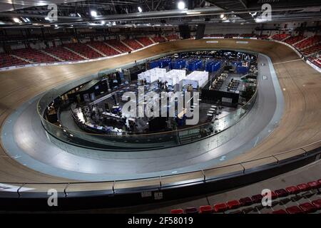 (210324) -- PARIS, March 24, 2021 (Xinhua) -- Photo taken on March 24, 2021 shows the National Velodrome de Saint-Quentin-en-Yvelines used as a COVID-19 vaccination center in Saint-Quentin-en-Yvelines, France. French President Emmanuel Macron on Tuesday stressed the importance of vaccination as the country's COVID-19 cases kept rising. Since the start of the vaccination campaign in France, nearly 6.6 million people, or about 12.6 percent of the adult population, have received at least one injection, and over 2.5 million have received two injections, according to the Health Ministry. (Photo by Stock Photo