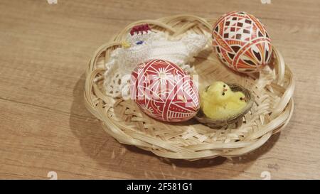 Happy Easter. Congratulatory easter background. Easter eggs and chicken, photo Stock Photo