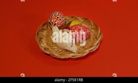 Happy Easter. Congratulatory easter background. Easter eggs and chicken, photo Stock Photo