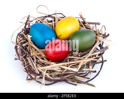 Colourful traditional painted Easter eggs in a nest on white background Stock Photo