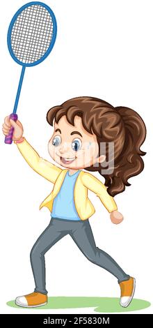Cute girl playing badminton cartoon character isolated illustration Stock Vector