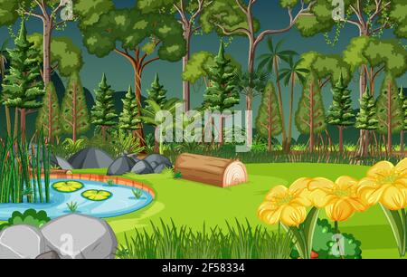 Forest scene with pond and many trees illustration Stock Vector Image ...