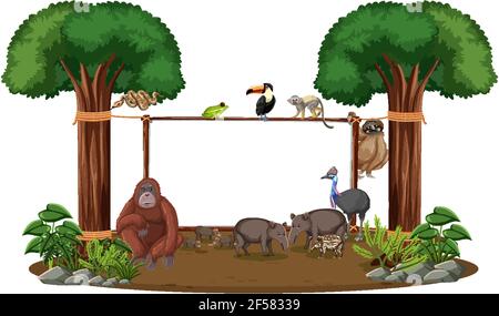 Empty banner with wild animals and rainforest trees on white background illustration Stock Vector