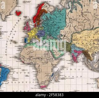 Map of the World showing Napoleon's Empire in 1811  from an antique atlas . Stock Photo